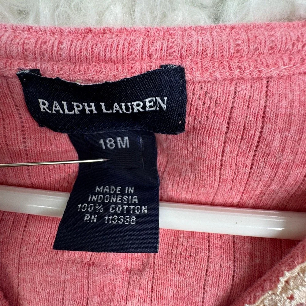 Ralph‎ Lauren Cardigan Sweater Baby 18M Pink Cottagecore Peplum Ruffle Lace Trim